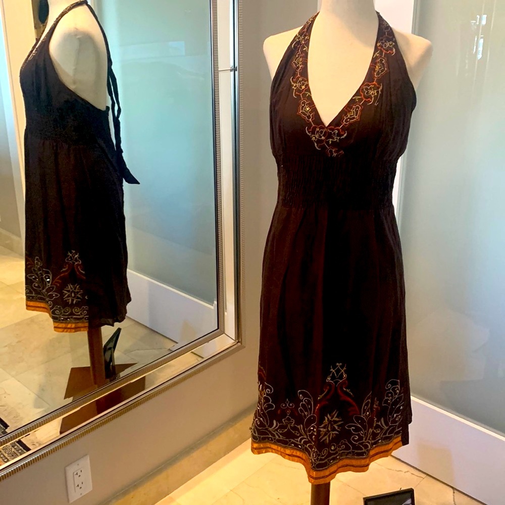 100% cotton brown Sun dress with embroidery